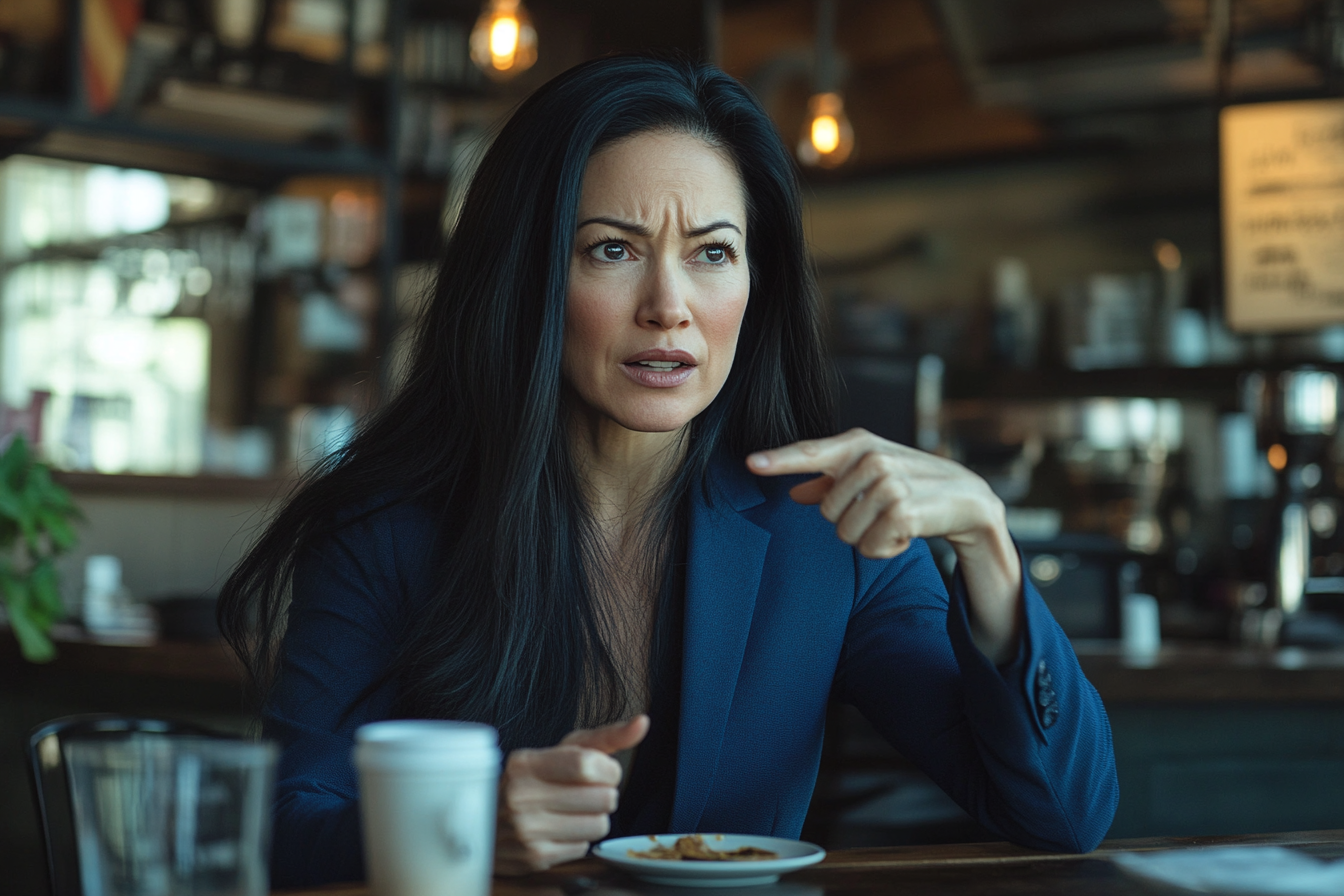 A woman at a coffee shop, looking upset and pointing at something to her side | Source: Midjourney