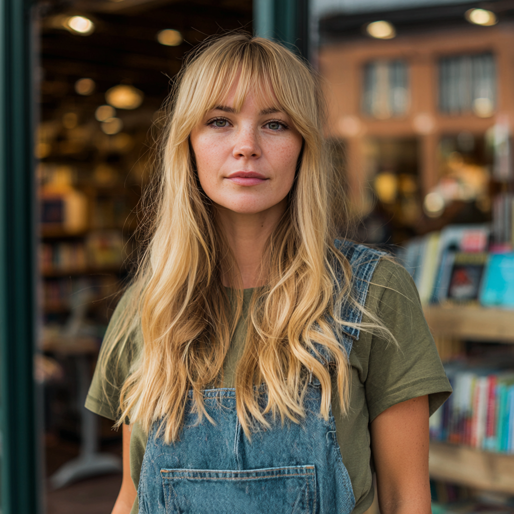 A woman standing outside a bookstore wearing dungarees | Source: Midjourney
