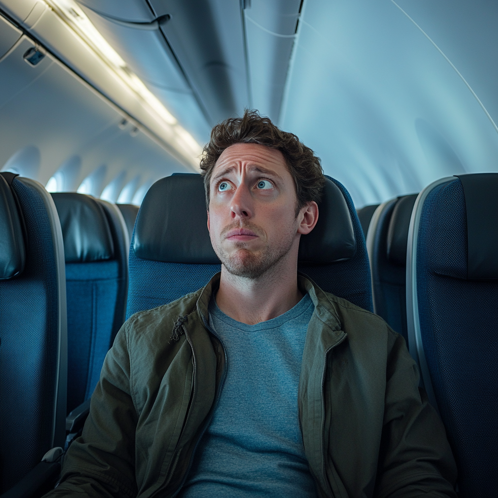 A worried-looking man on a plane | Source: Midjourney