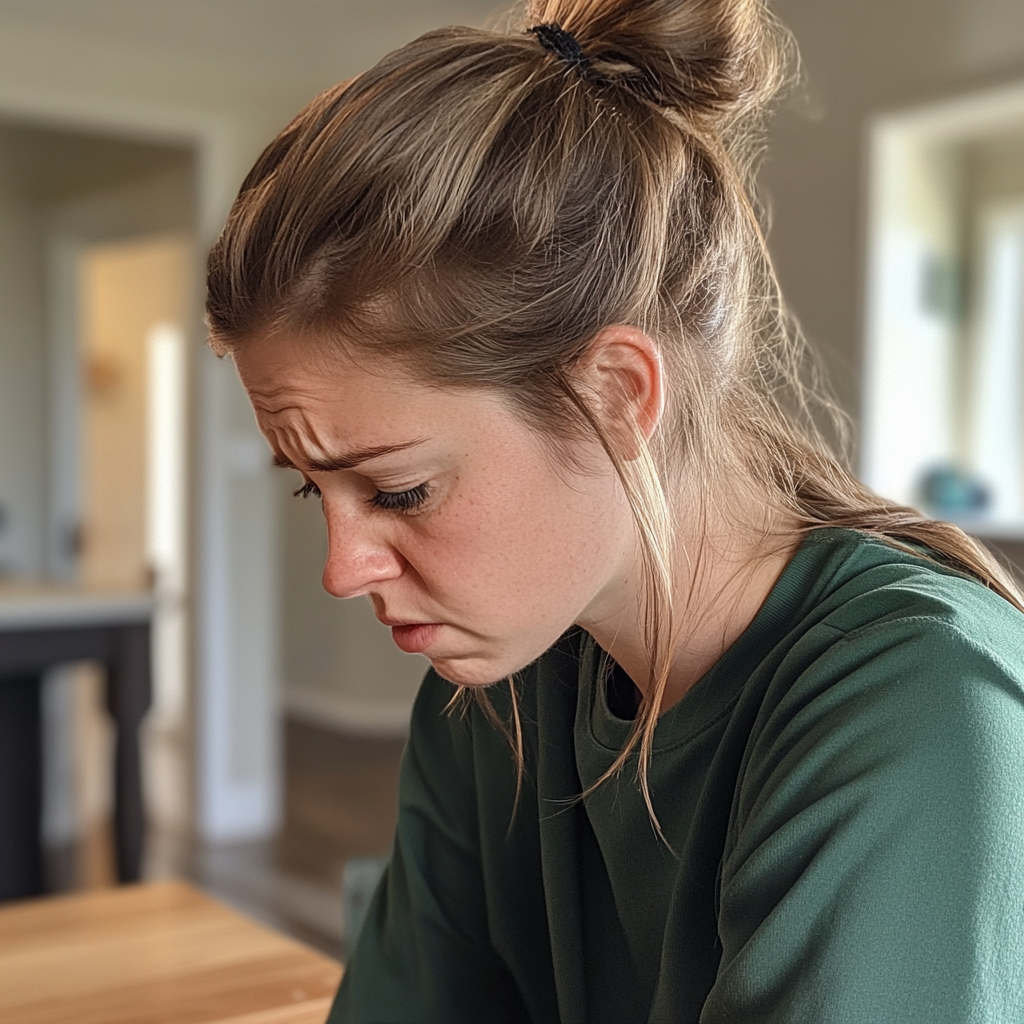 An upset woman sitting at a kitchen table | Source: Midjourney