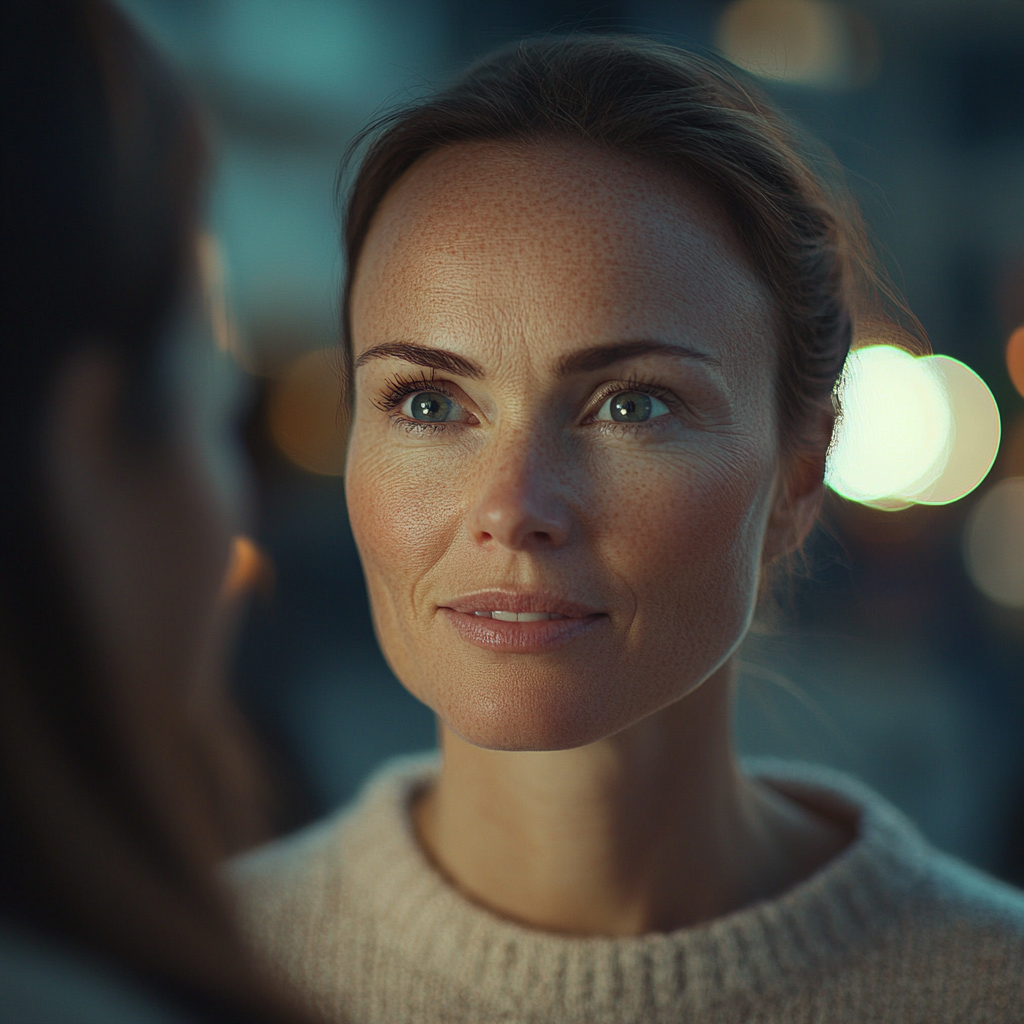 A woman smiling at another woman | Source: Midjourney