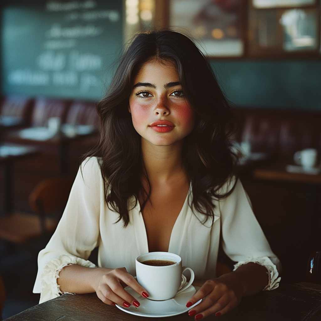 A woman sitting with a latte | Source: Midjourney