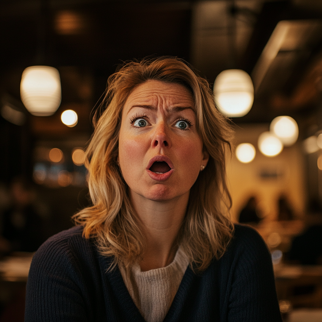 A woman in a restaurant looks surprised and hurt | Source: Midjourney