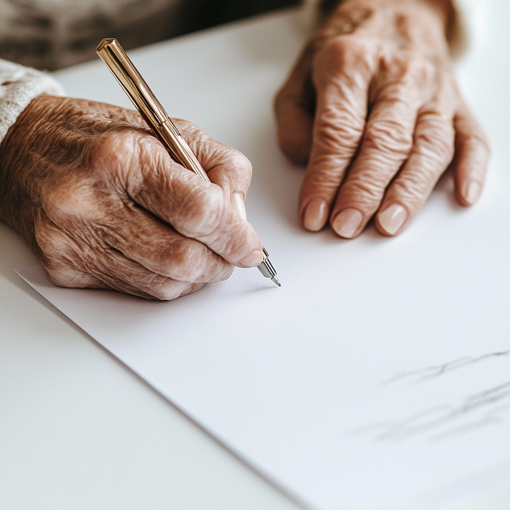 A wrinkled hand writing on a piece of paper | Source: Midjourney