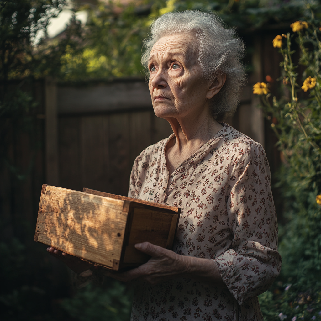 An elderly woman holding a wooden box | Source: Midjourney