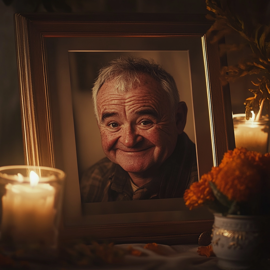 Framed photo of a deceased man on a table adorned with glowing candles and flowers | Source: Midjourney