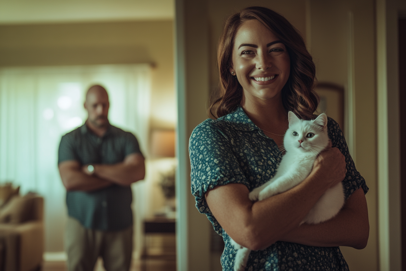 A woman smiling and holding a white cat while a man stands in the background with crossed arms | Source: Midjourney