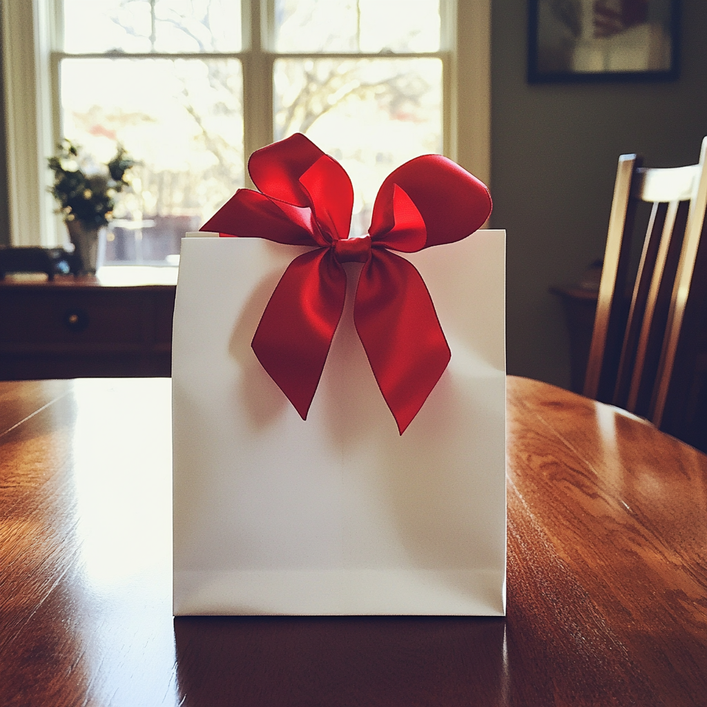 A white gift bag on a table | Source: Midjourney