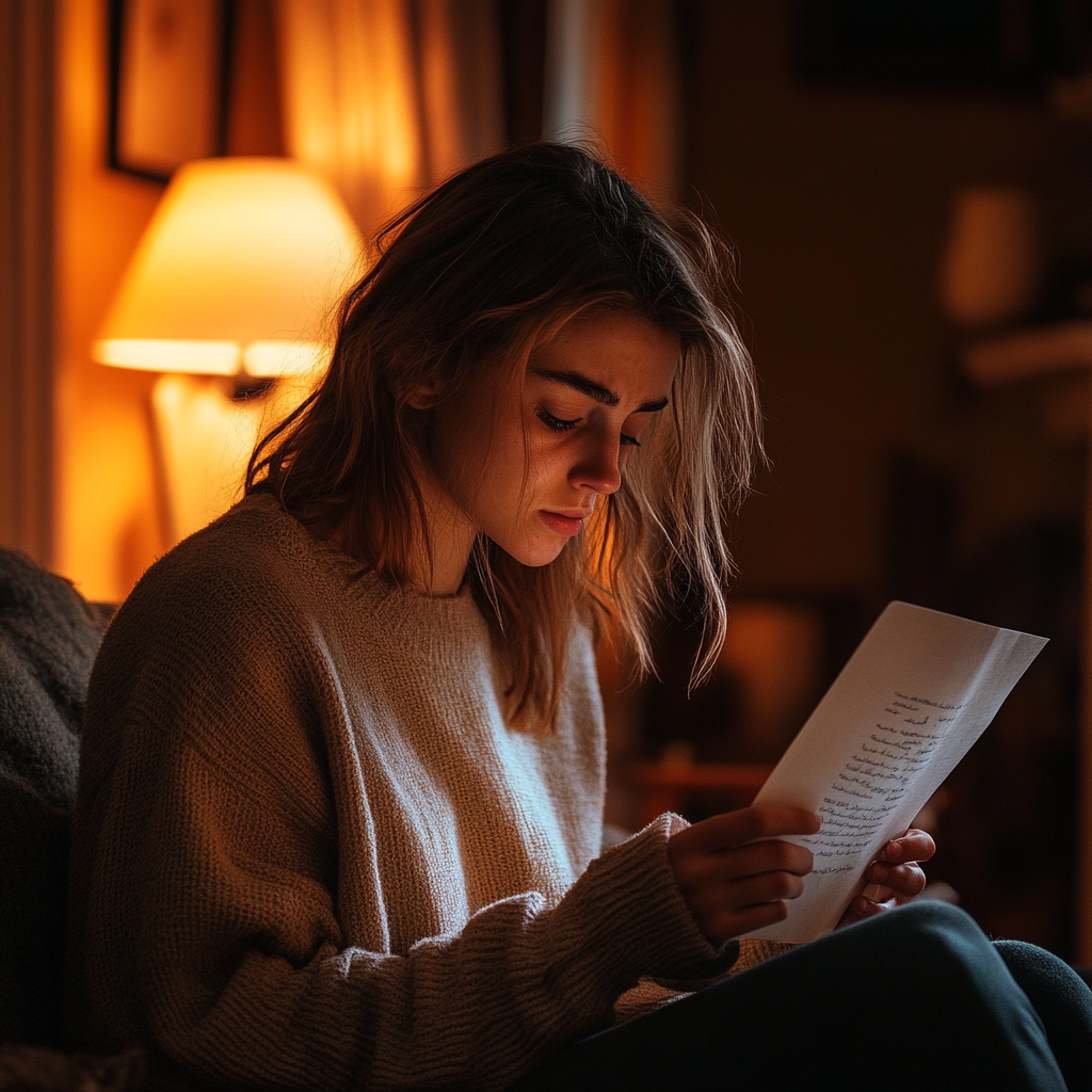 A concerned woman reading a letter | Source: Midjourney