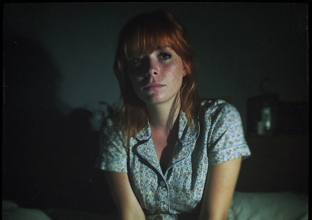 An emotional woman sitting on her bed at night | Source: Midjourney