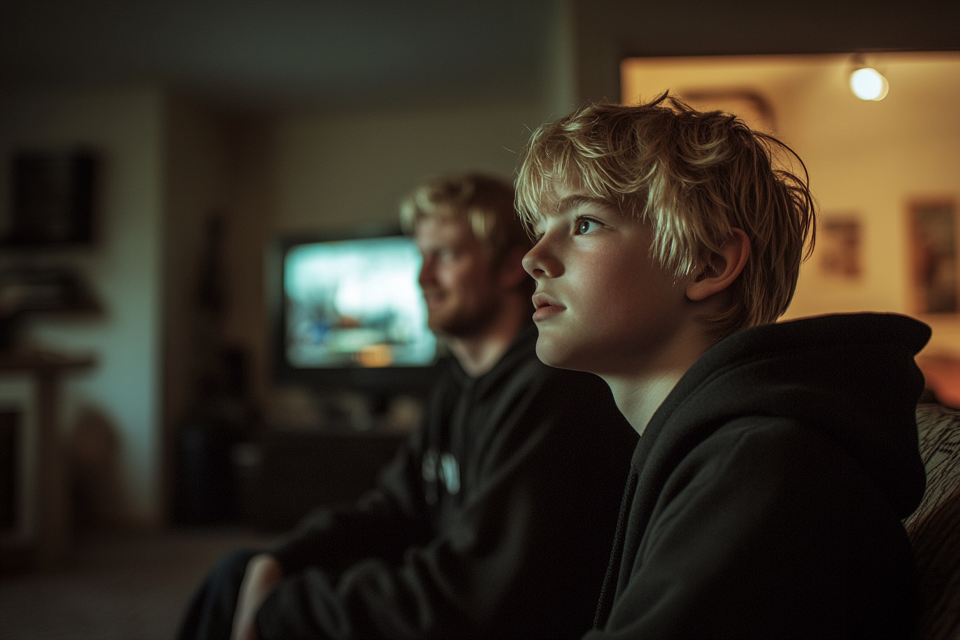 A blonde teen boy and man watching television | Source: Midjourney