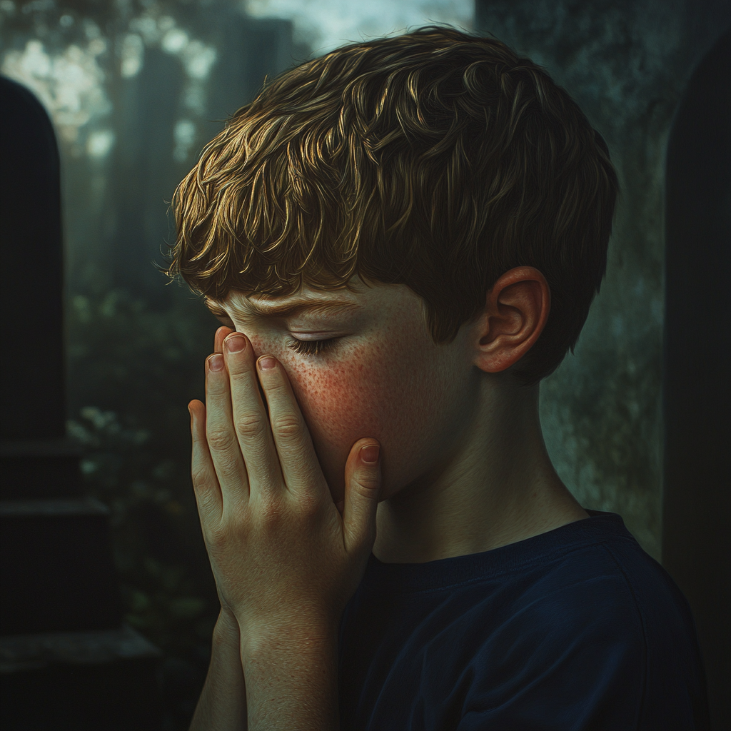 A boy crying in a cemetery | Source: Midjourney