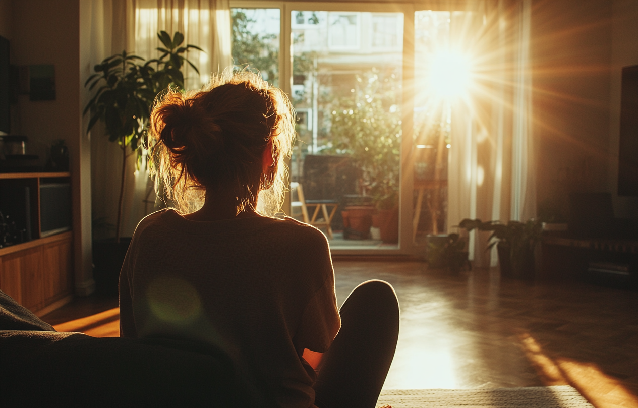 A woman watching the sunrise through her window | Source: Midjourney