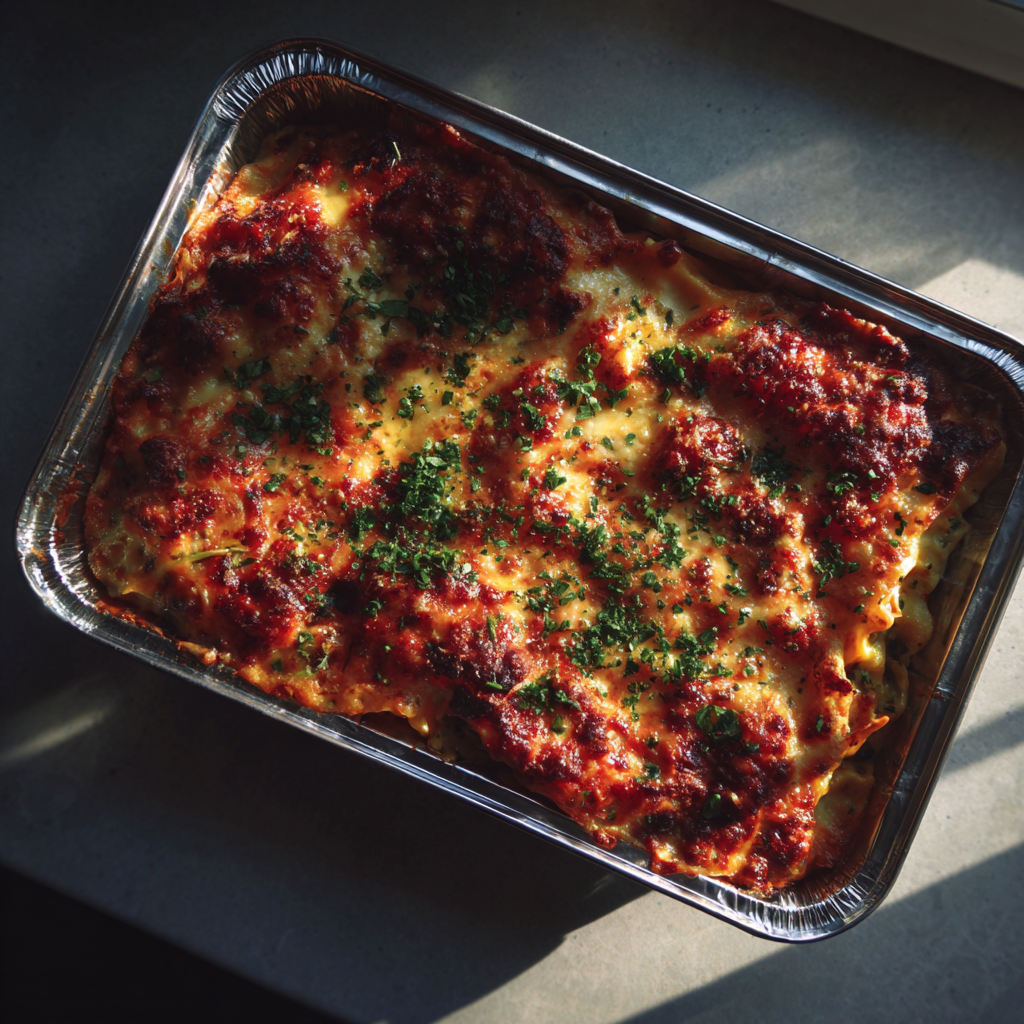 A tray of lasagna on a counter | Source: Midjourney