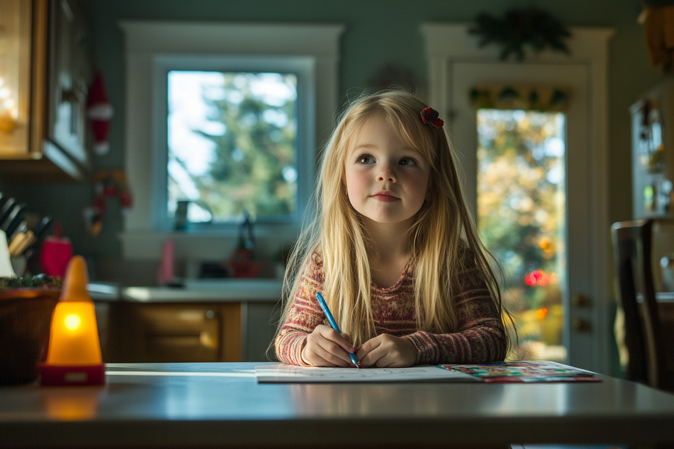 Little blonde girl coloring on a kitchen island | Source: Midjourney