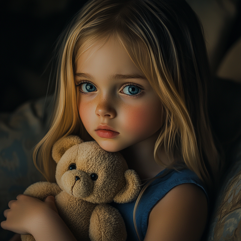 A sad little girl holding a teddy bear | Source: Midjourney