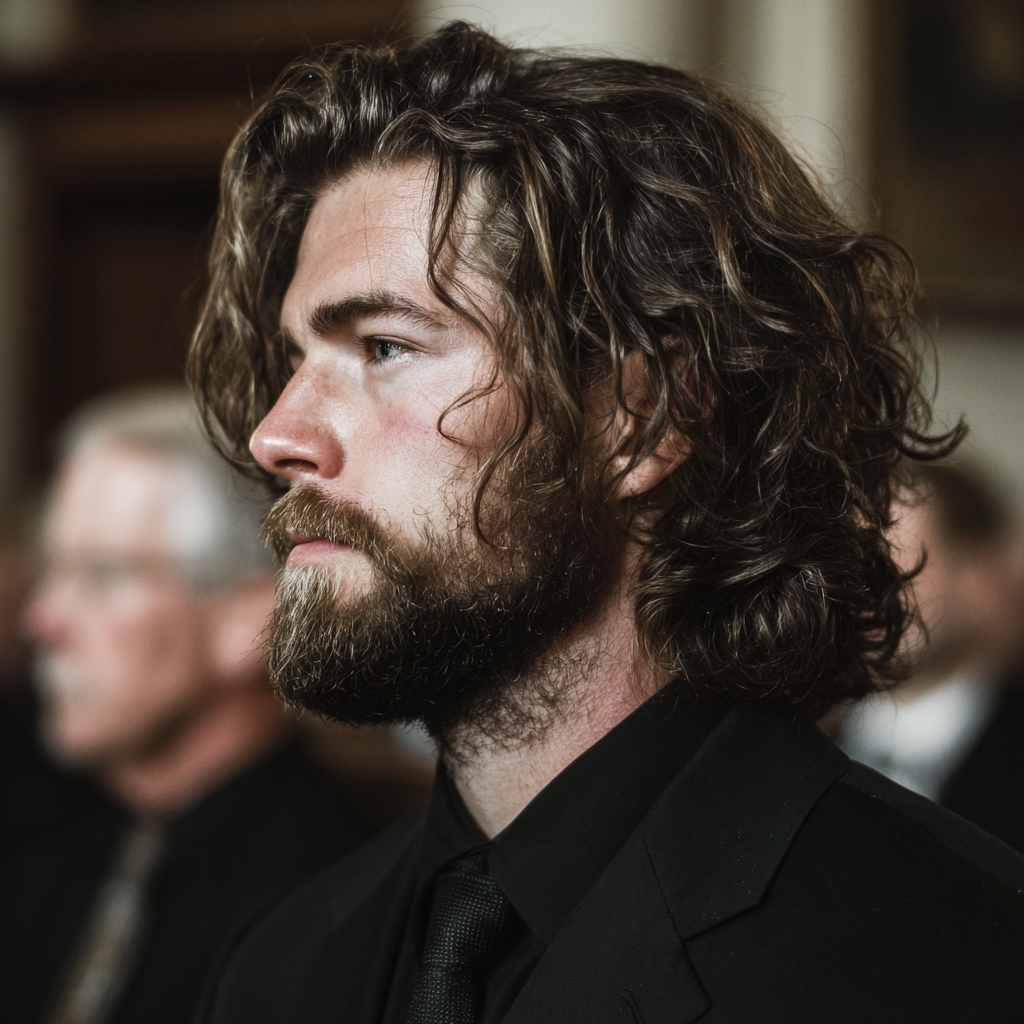 An emotional man wearing a black suit | Source: Midjourney