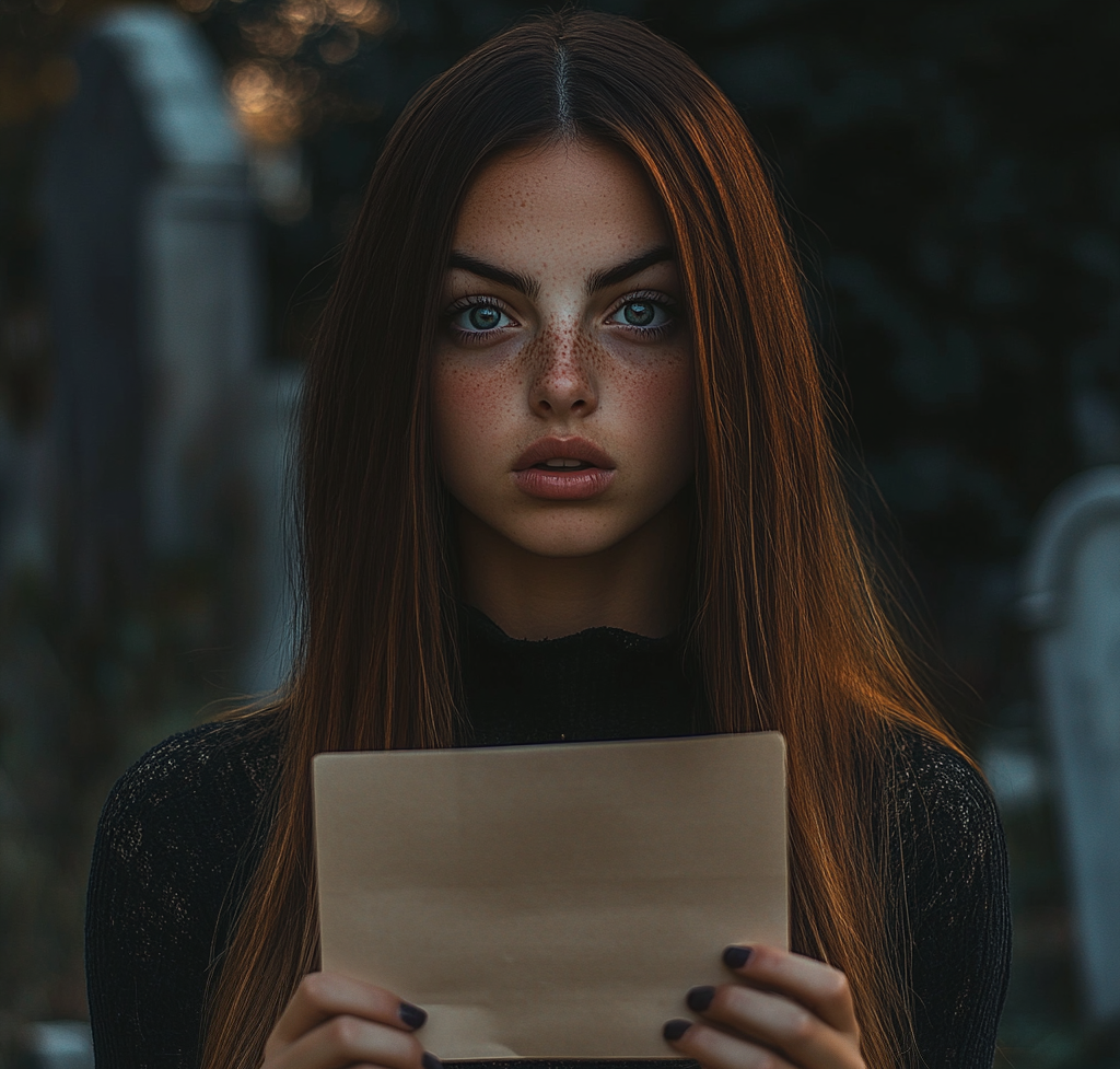 A startled woman holding an envelope in a cemetery | Source: Midjourney