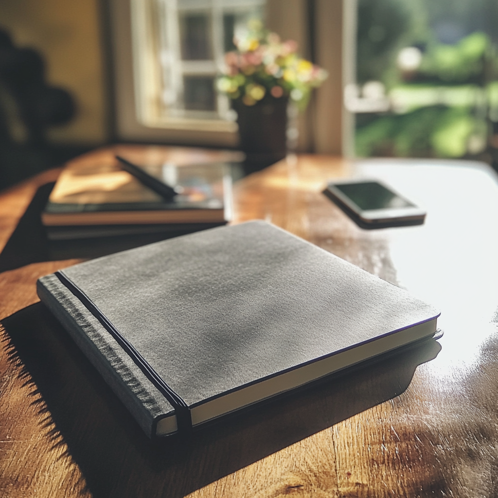 A notebook and phone on a table | Source: Midjourney