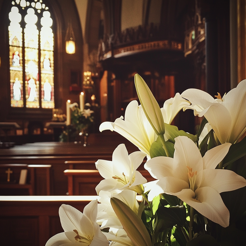 A funeral scene at a church | Source: Midjourney