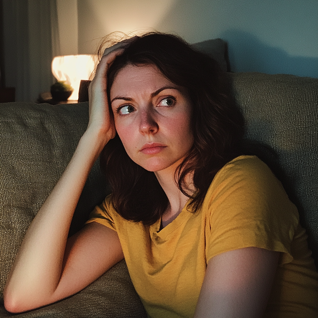 An upset woman holding her head | Source: Midjourney