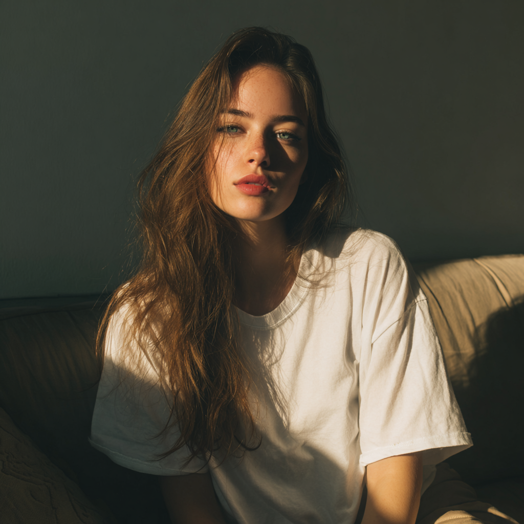 A woman in a white T-shirt sitting on a couch | Source: Midjourney
