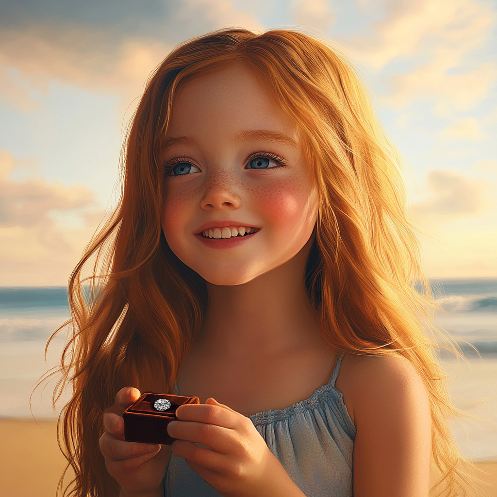 A happy little girl holding a diamond ring in a small velvet box | Source: Midjourney