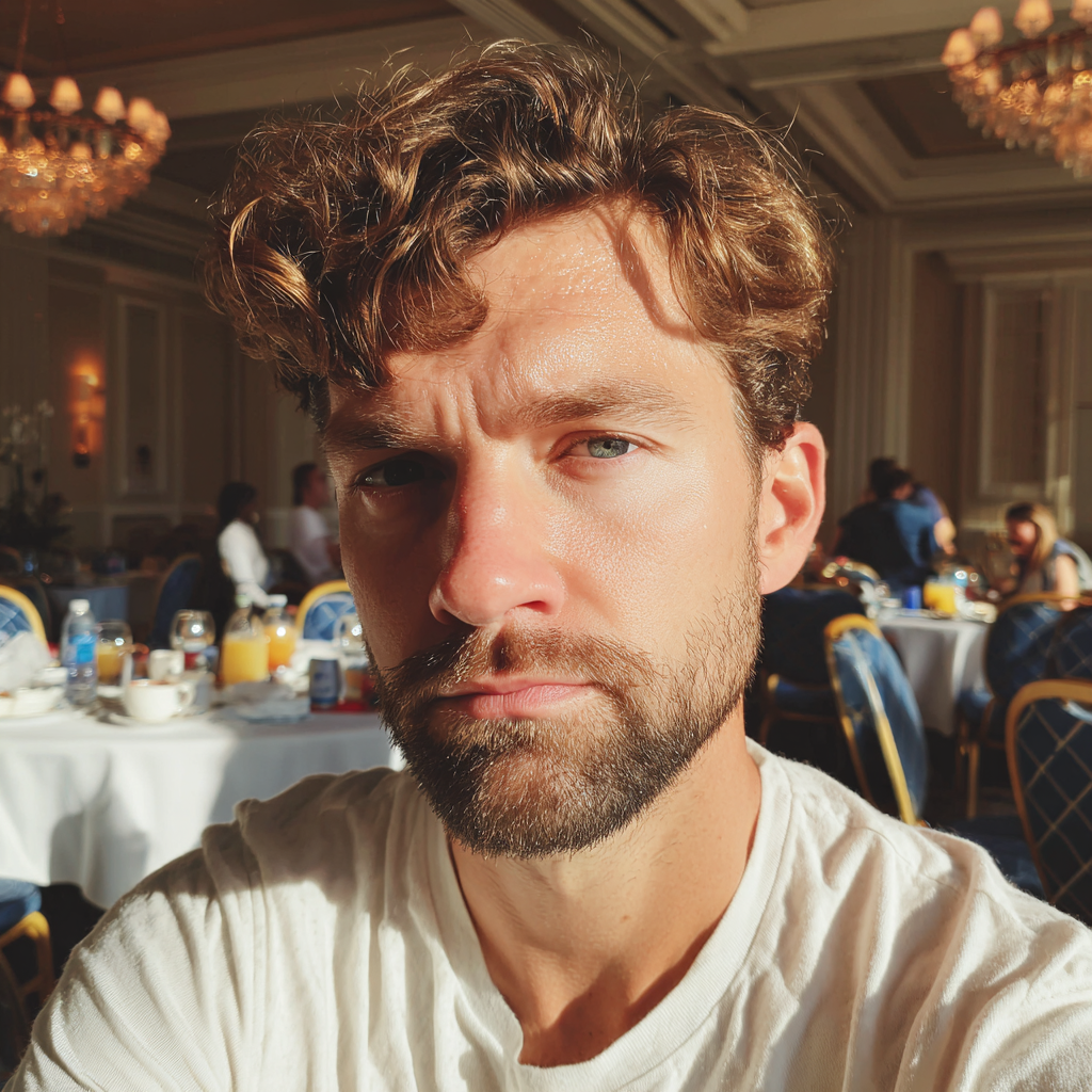 A frowning man sitting at a table | Source: Midjourney