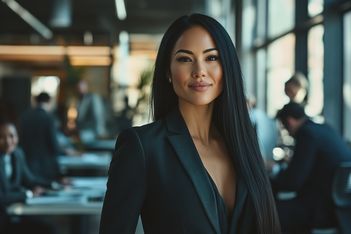 A businesswoman smiles in an office with other workers | Source: Midjourney