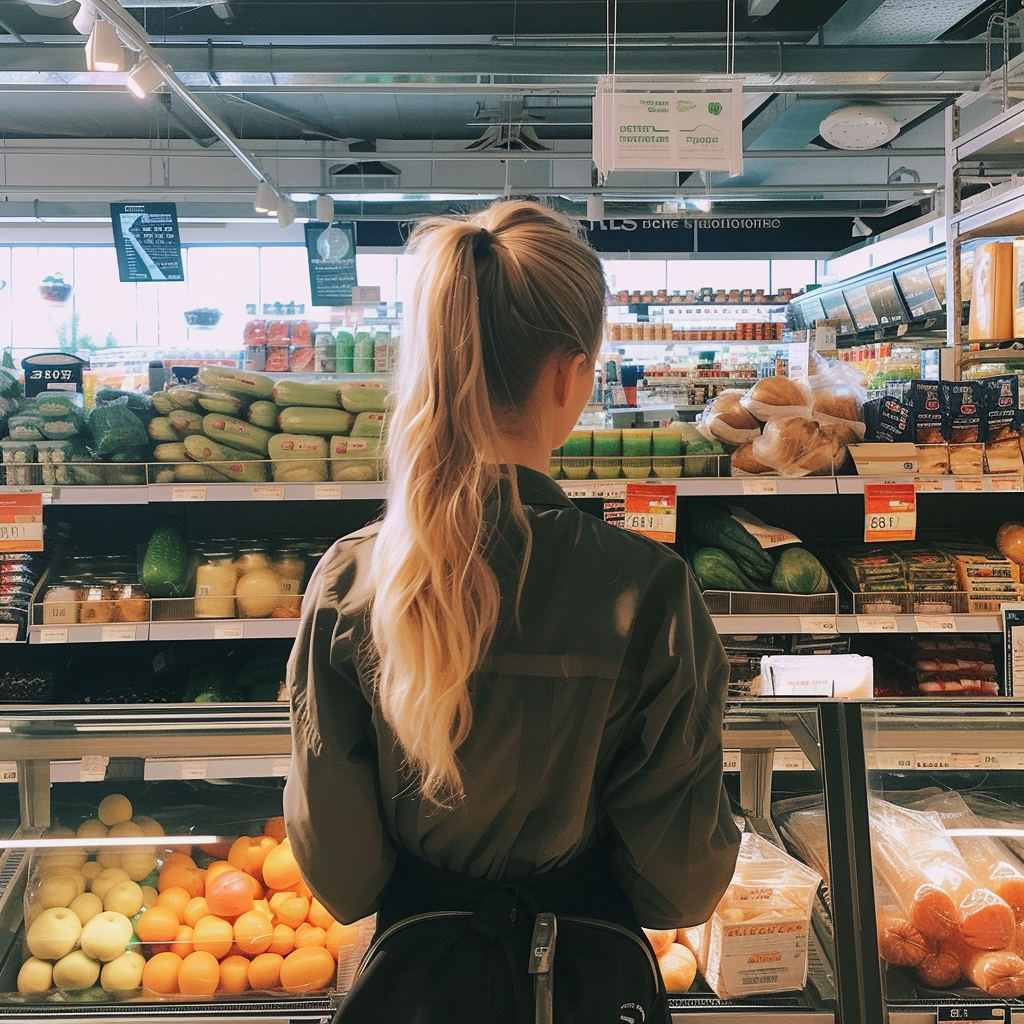 A woman working in a grocery store | Source: Midjourney