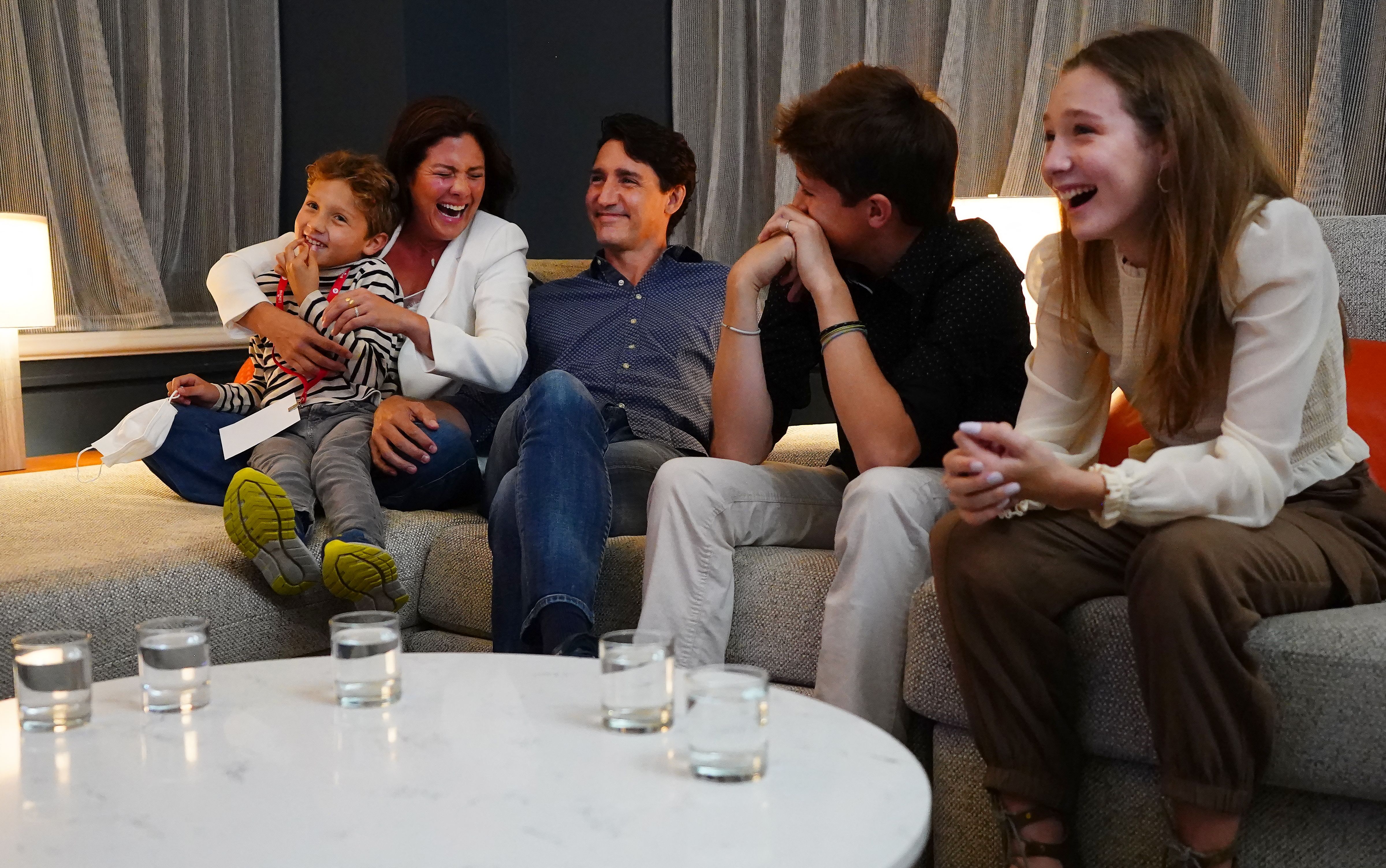ustin Trudeau (C) watches election results with wife Sophie Gregoire-Trudeau and children, Xavier, Ella-Grace and Hadrien, at Liberal headquarters in Montreal, September 20, 2021. | Source: Getty Images