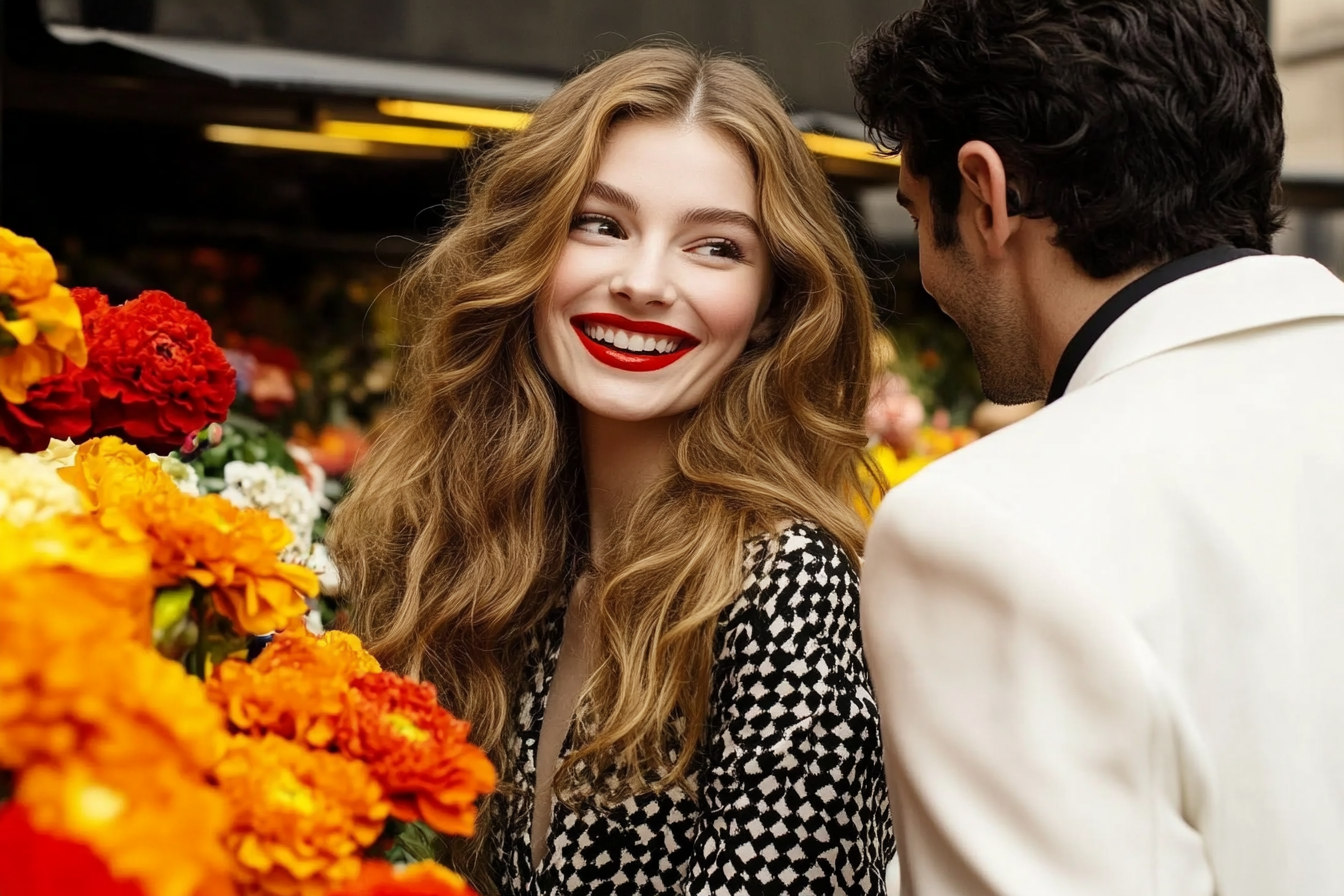 A woman smiling at a man at a flower market | Source: Midjourney