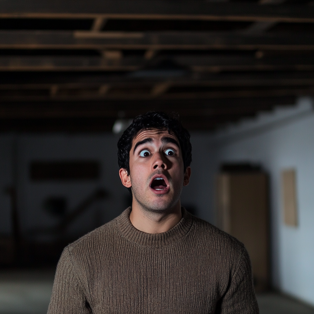 A man gasping in shock in an empty garage | Source: Midjourney