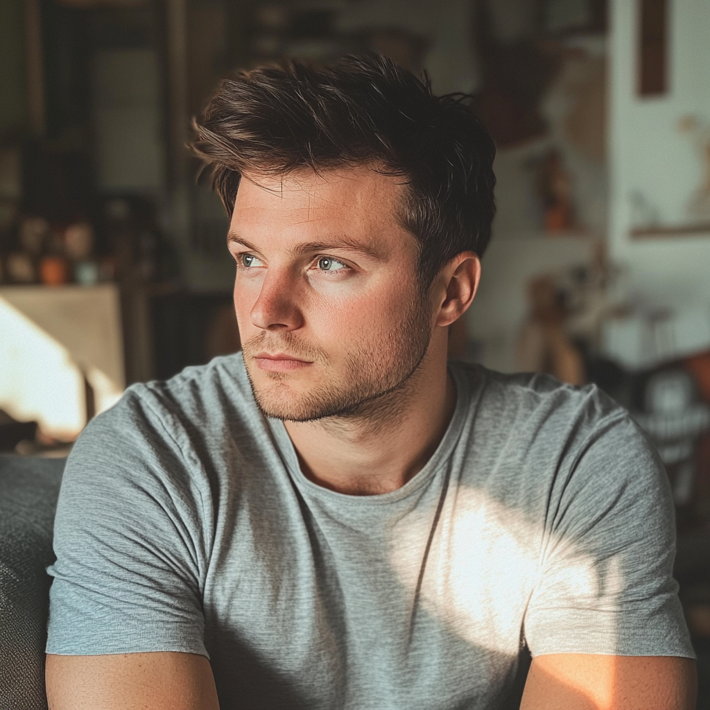 A young man sitting in a garage and looking to the side | Source: Midjourney