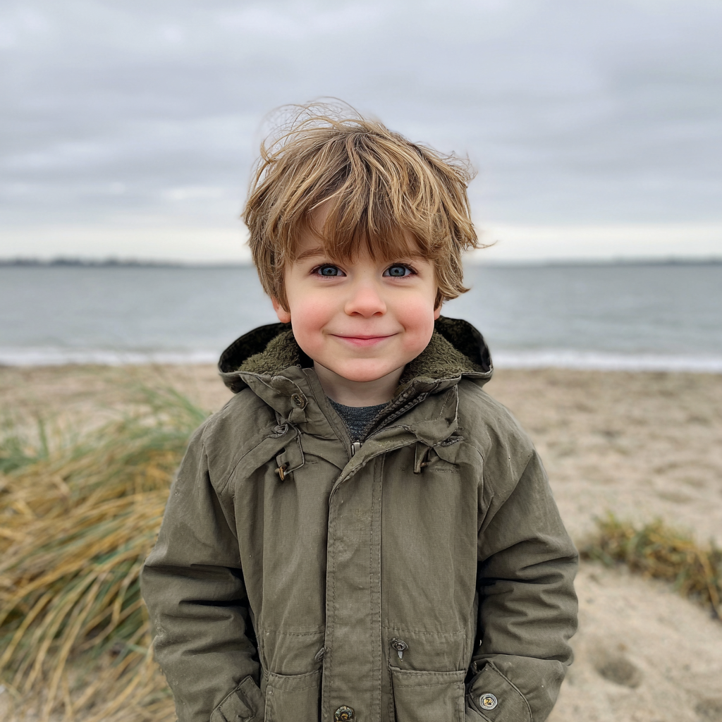 A smiling little boy in a green jacket | Source: Midjourney