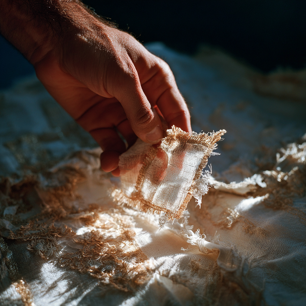 A man's hand holding a piece of a cut-up baptism gown | Source: Midjourney