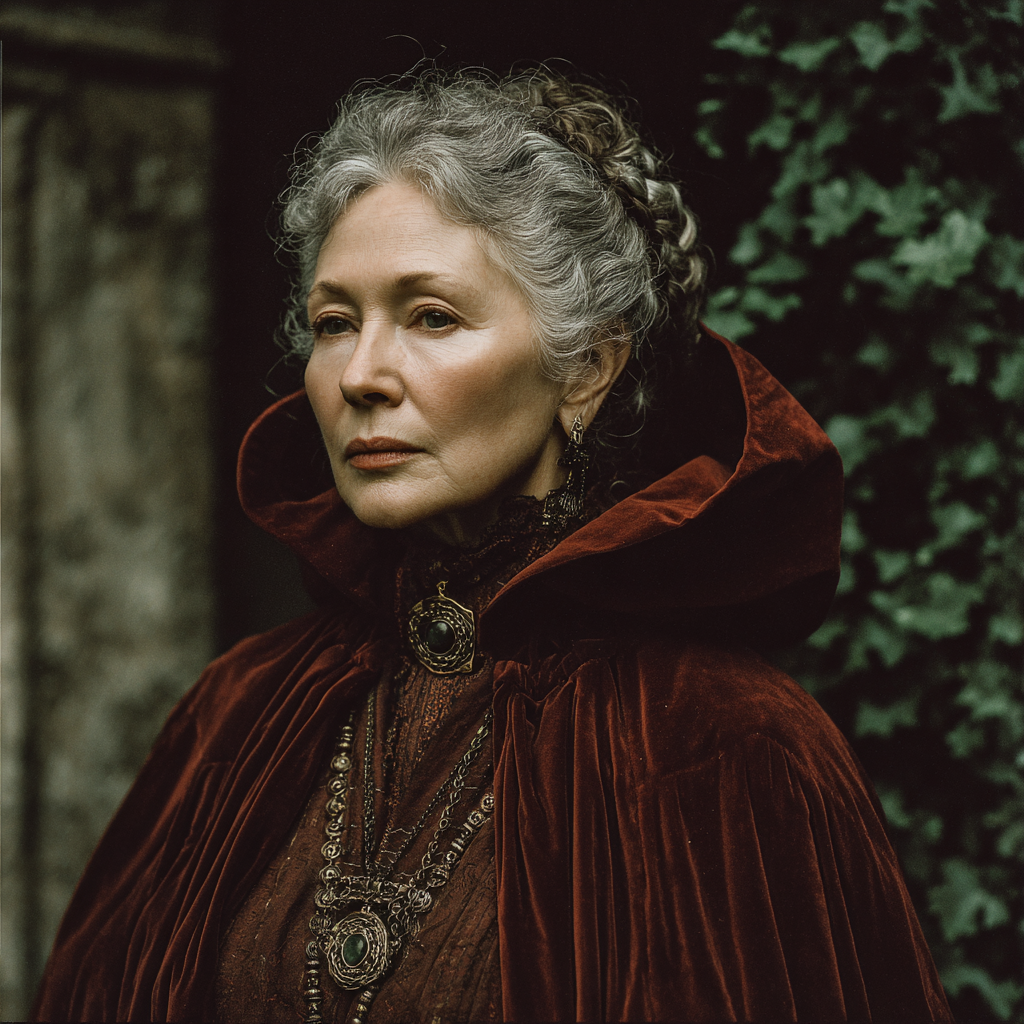 A serious woman in a velvet cape | Source: Midjourney