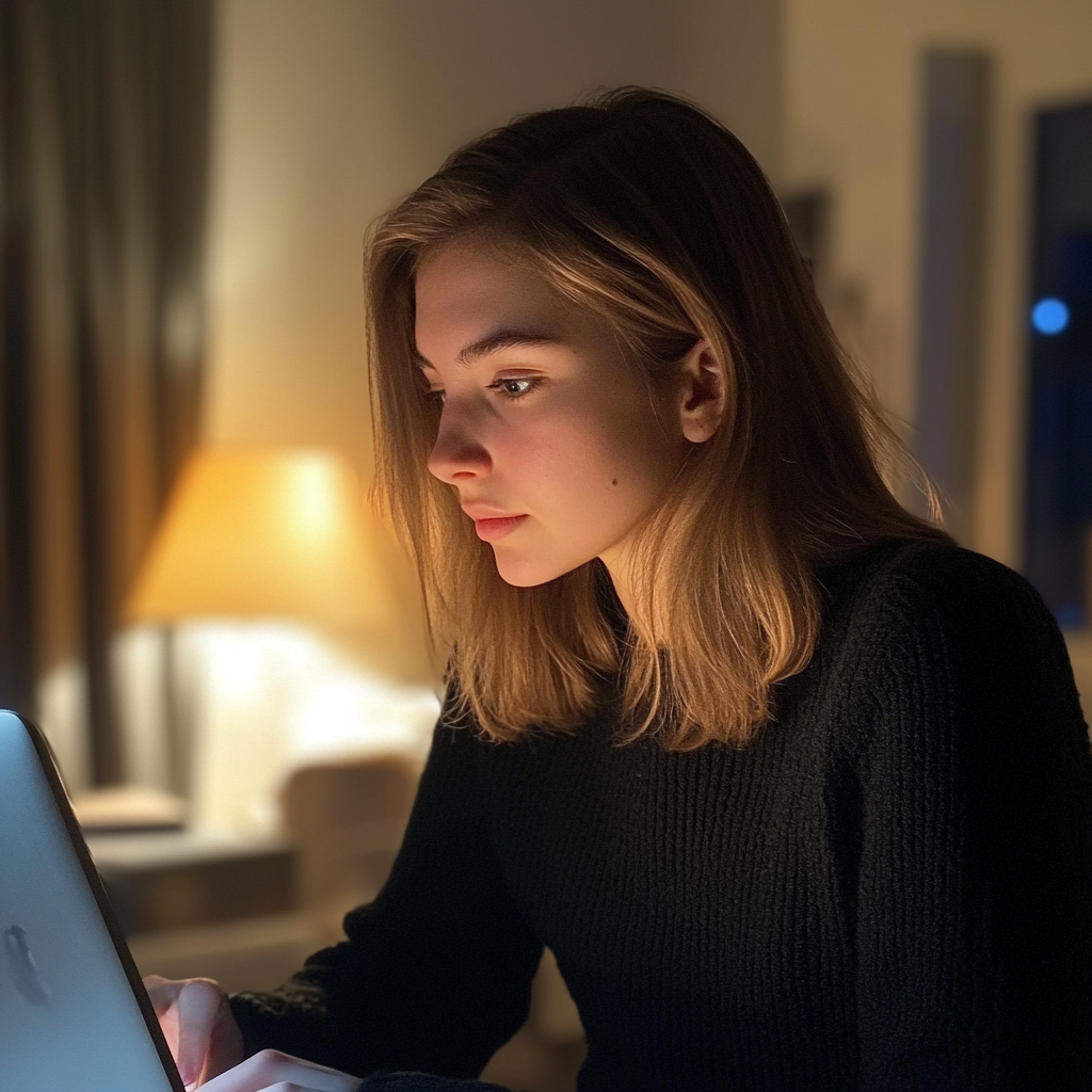 A woman using her laptop at night | Source: Midjourney