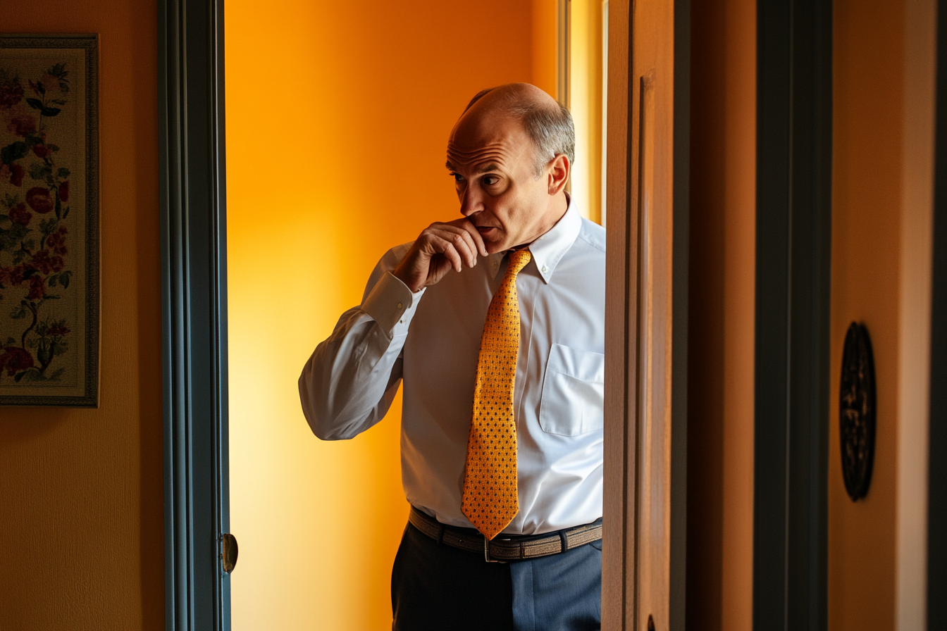 A nervous man standing in a doorway | Source: Midjourney