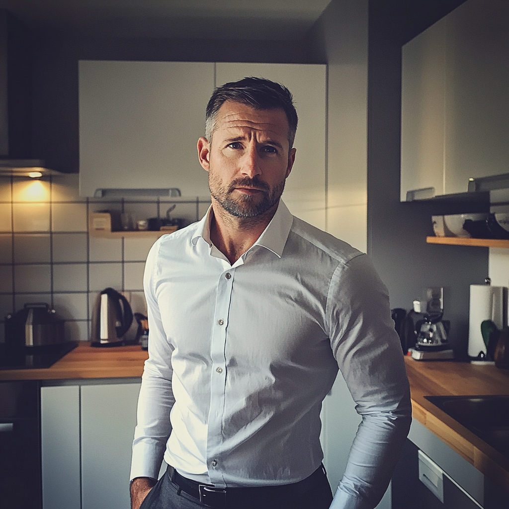 A worried man standing in a kitchen | Source: Midjourney