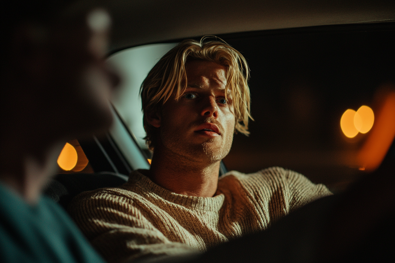 A surprised blonde man looking outside from the driver's seat of a car | Source: Midjourney