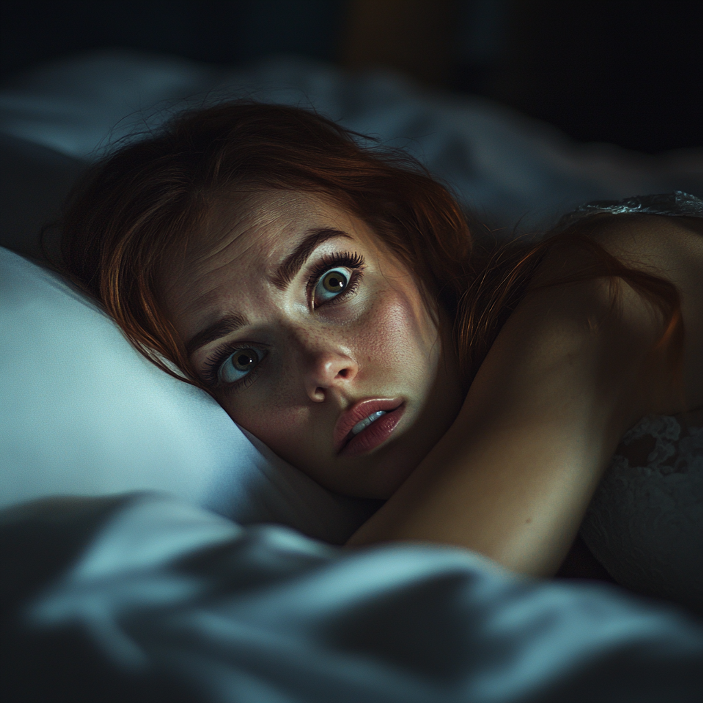 A shocked woman in her bed | Source: Midjourney