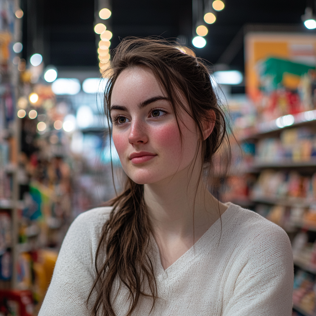 A woman is standing in a toy store and looking at someone | Source: Midjourney