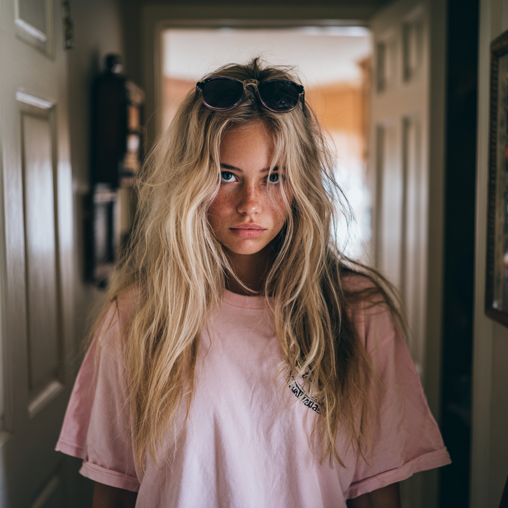 A smug young woman wearing a pink oversized t-shirt | Source: Midjourney