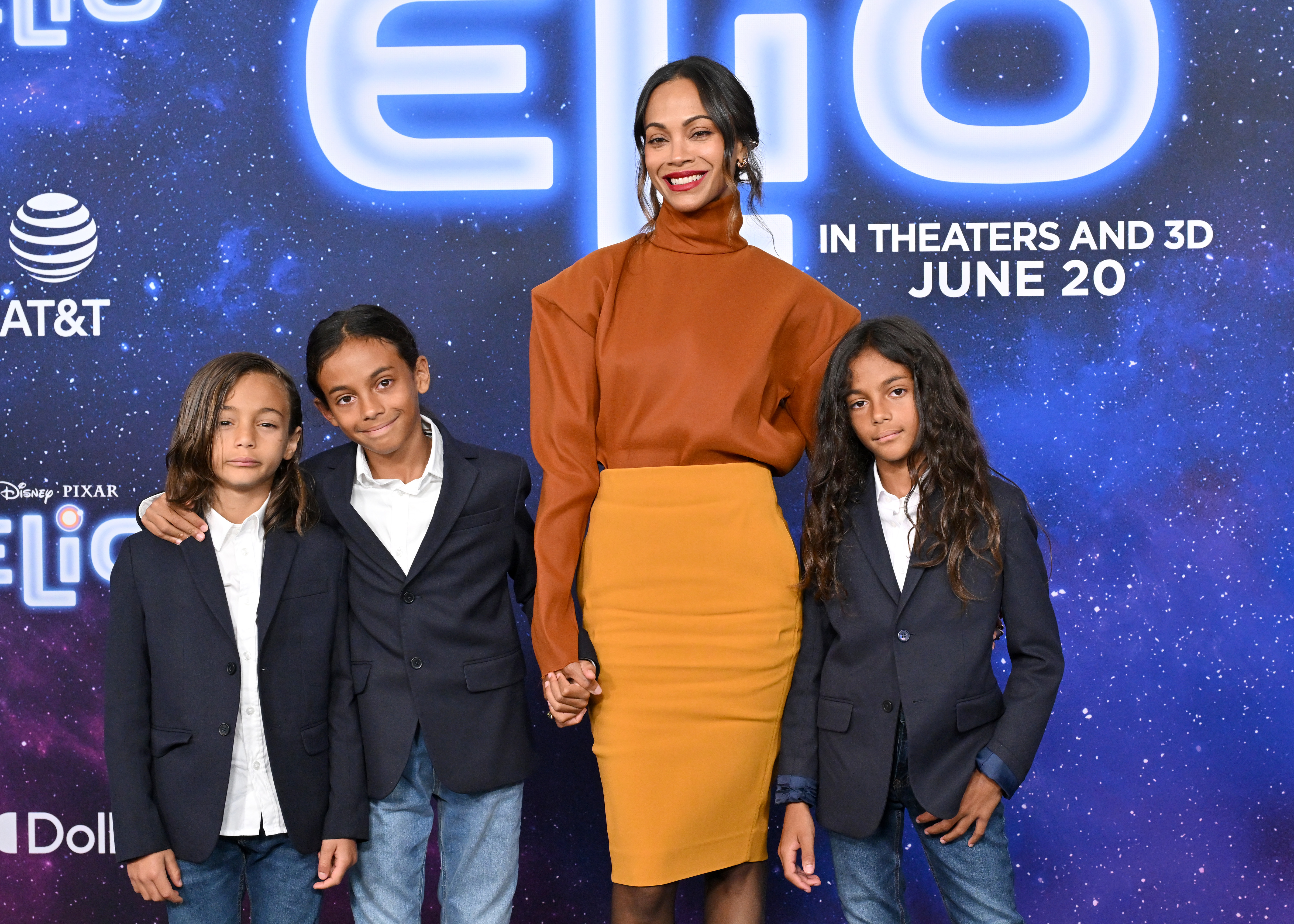Zoe Saldaña and sons Cy, Bowie and Zen attend the Los Angeles Premiere of Disney Pixar's "Elio" at El Capitan Theatre on June 10, 2025 in Los Angeles, California. | Source: Getty Images