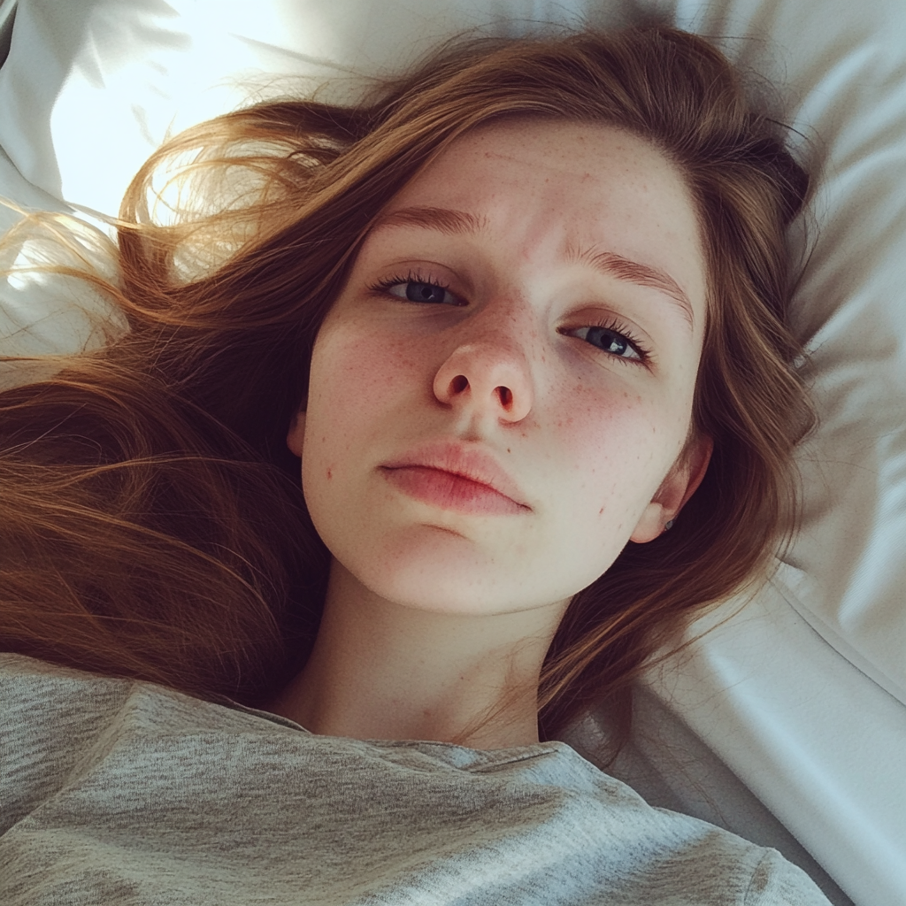 An upset young woman laying in a hospital bed | Source: Midjourney