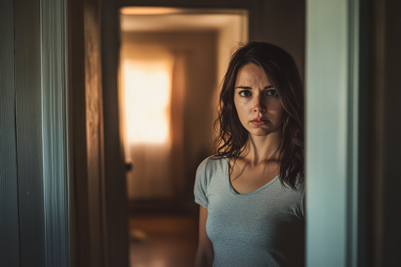 An upset woman in a hallway | Source: Midjourney