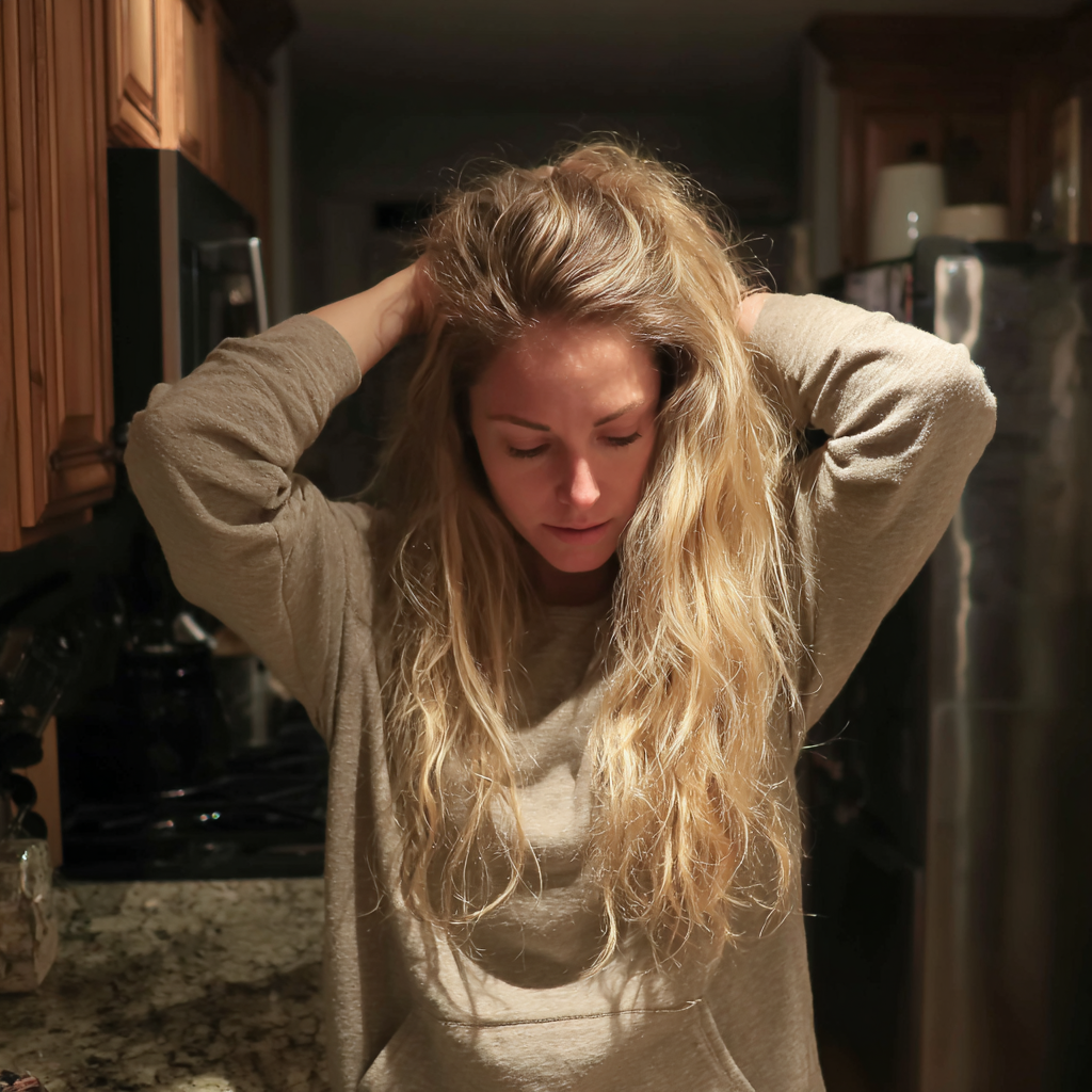 A woman standing with her hands in her hair | Source: Midjourney