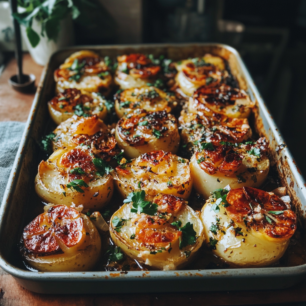 A tray of roasted potatoes | Source: Midjourney