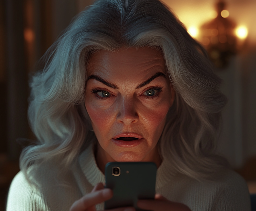 A shocked older lady looking at her phone | Source: Midjourney